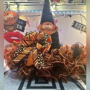 Halloween Witch Hat with Orange and Black Ribbon
